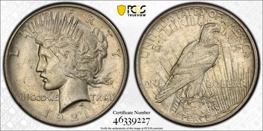 1921 $1 High Relief, Peace MS62