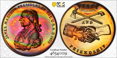 (1970s)-D Medal James Madison 34mm Peace and Friendship MS66RB