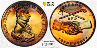 (1970s)-D Medal James Monroe 34mm Peace and Friendship MS67RB