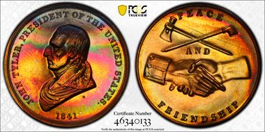 (1970s)-D Medal John Tyler 34mm Peace and Friendship MS66RB