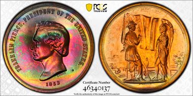 (1970s)-D Medal Franklin Pierce 34mm Indian Peace MS67RB