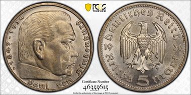 1936-D 5 Mk No Swastika J-360 MS62