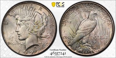 1927-S $1 VAM 3 Doubled Leaves MS62