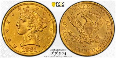 1884-CC $5 AU58