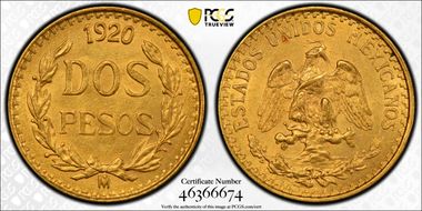 1920-Mo 2 Peso KM-461  Au MS62