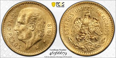 1918-M 5 Peso KM-464  Au AU58