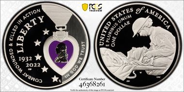 2022-W $1 National Purple Heart Hall of Honor Colorized PR70DCAM