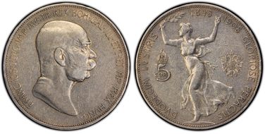 1908 5 Cor KM-2809  Ag VF35