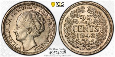 1943-P 25C Palm Tree privy KM-38  Ag MS64