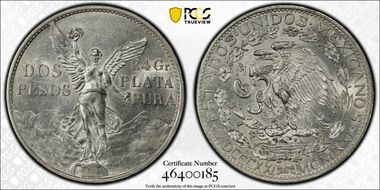 1921-Mo 2 Peso Centennial, 9 Tail F. KM-462  Ag AU58