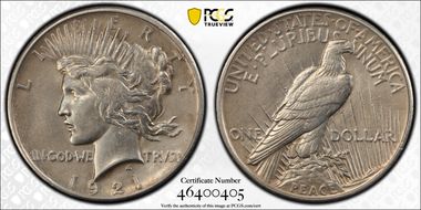 1921 $1 High Relief, Peace N1