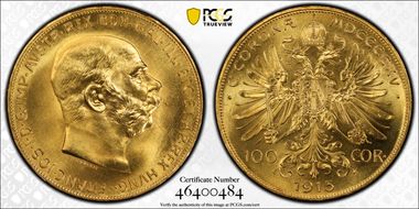 1915 100 Cor Restrike KM-2819  Au MS66