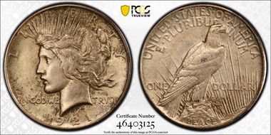 1921 $1 High Relief, Peace AU58