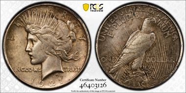 1921 $1 High Relief, Peace AU55
