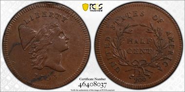 1795 1/2C Plain Edge, No Pole AU50BN