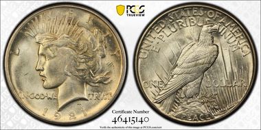 1921 $1 High Relief, Peace MS63