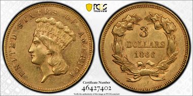 1866 $3 AU58