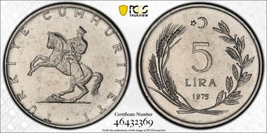 1975 5 Lira Stainless Steel MS64