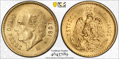 1907-M 5 Peso KM-464  Au MS64