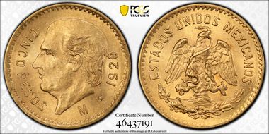 1920-M 5 Peso KM-464  Au MS65