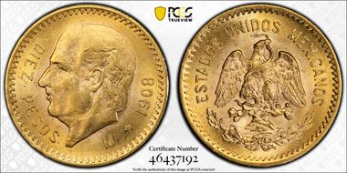 1908-M 10 Peso KM-473  Au MS64