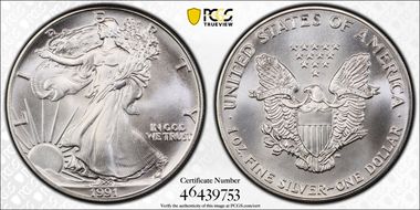 1991 $1 Silver Eagle MS70