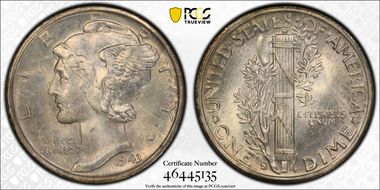 1943-S 10C Trumpet Tail MM FS-511 MS66