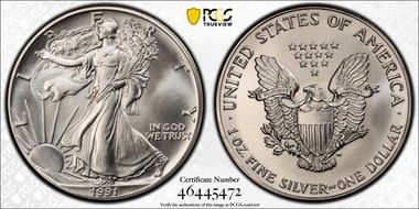 1991 $1 Silver Eagle MS70