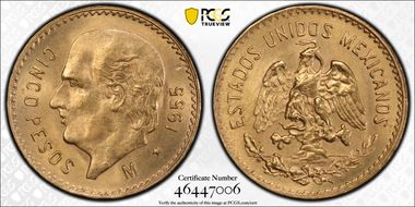 1955-M 5 Peso KM-464  Au MS66