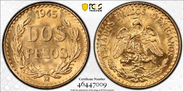 1945-Mo 2 Peso KM-461  Au MS66