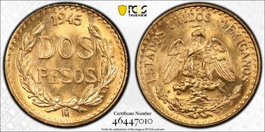 1945-Mo 2 Peso KM-461  Au MS66