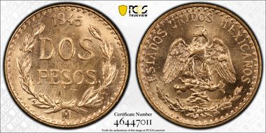 1945-Mo 2 Peso KM-461  Au MS65