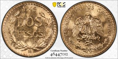 1945-Mo 2 Peso KM-461  Au MS66