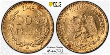 1945-Mo 2 Peso KM-461  Au MS66