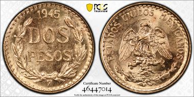1945-Mo 2 Peso KM-461  Au MS66