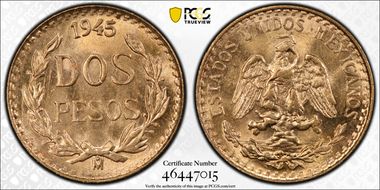1945-Mo 2 Peso KM-461  Au MS65