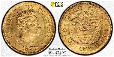 1929 5 Peso Restrepo-455.8 MFDFLLIN MS65