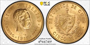 1916 5 Peso KM-19  Au MS63