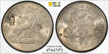 1874-S T$1 Chopmarked MS63