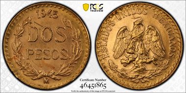 1945-Mo 2 Peso Double Mint Mark Obv/Rev MS64