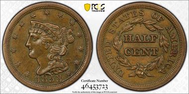 1853 1/2C AU55BN