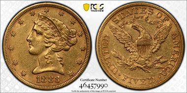 1883 $5 AU50