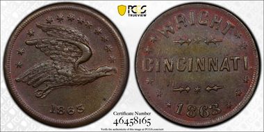 1863 Token F-165GR-1a Copper PE Wright AU58BN