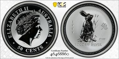 1999-P 50C Year of the Rabbit 1/2oz Ag MS70