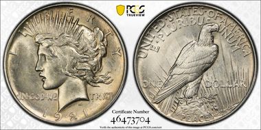 1921 $1 High Relief, Peace AU58