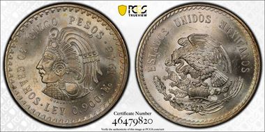 1948-Mo 5 Peso Cuauhtemoc KM-465  Ag MS64
