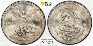 1991-Mo Onza Libertad Ag PLATA PURA, 7-Dot Cactus MS68