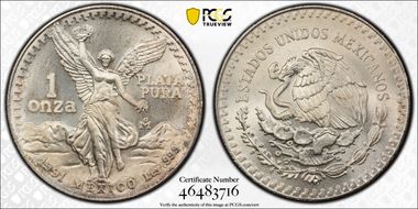 1991-Mo Onza Libertad Ag PLATA PURA, 7-Dot Cactus MS68+