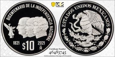 2021-Mo 10 Peso Independence Bicentenary PR69DCAM