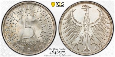 1969-D 5 Mk Regular Issue J-387 MS65